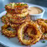 Crispy baked onion rings with golden coating served alongside creamy smoky paprika dip for dipping.  