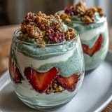 A colorful parfait with creamy matcha yogurt, fresh strawberries, and crunchy granola for a refreshing breakfast treat.