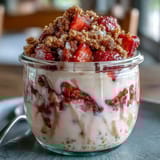 No-bake breakfast featuring strawberry cheesecake overnight oats with graham cracker crumble topping and juicy berries.