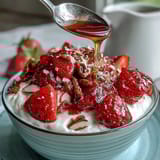 Fresh strawberry compote drizzled over creamy Greek yogurt with crunchy nuts and honey.  