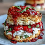 Golden Strawberry Basil Shortcake Biscuits piled high with fresh berries and cream.