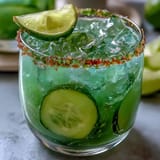 Refreshing alcohol-free Viral Pickle Margarita Mocktail, garnished with pickle spear.