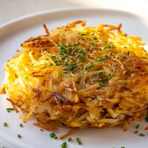 Hash Browns served on a white plate next to scrambled eggs and fresh chives for a classic breakfast.