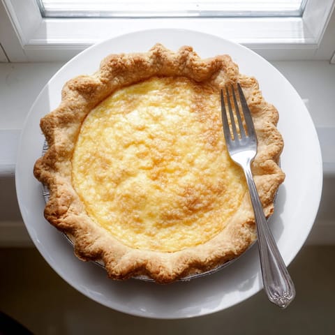 Slice of Chess Pie on a white plate, fork ready, beside fresh strawberries and a dollop of whipped cream.