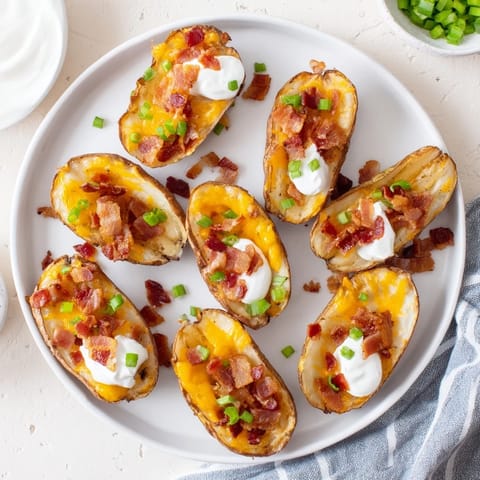 Freshly baked potato halves topped with sour cream and smoky bacon, served warm on a rustic plate.