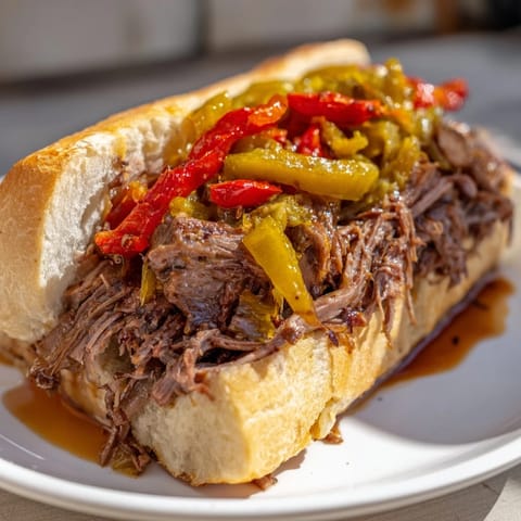 Served with a small bowl of savory au jus for dipping next to the sandwich.