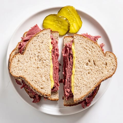 A close-up of a deli-style Pastrami on Rye, piled high with tender meat and served with a crisp dill pickle spear.