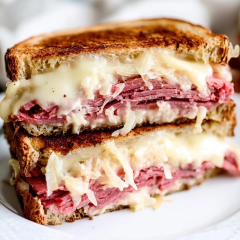 A classic Reuben Sandwich stacked with corned beef and sauerkraut served beside crunchy potato chips and pickles.