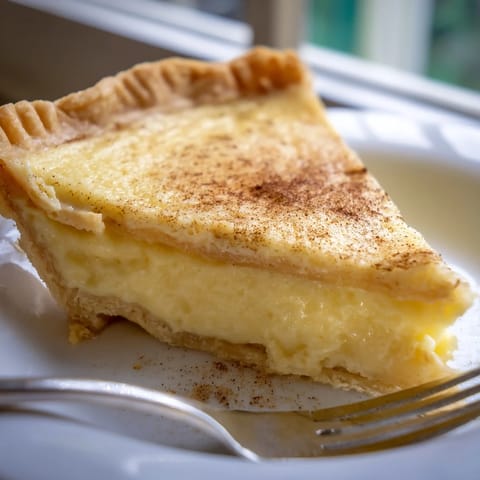A freshly cooled Buttermilk Pie with a smooth, pale filling and golden edges, set beside a bowl of whipped cream for an easy Southern dessert.