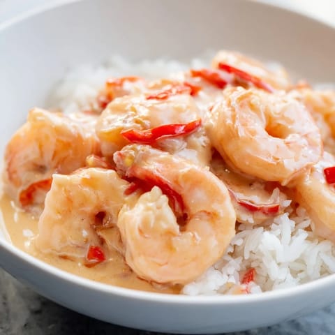 A skillet of creamy Cajun shrimp, tossed in a rich, spicy sauce served over fragrant rice.