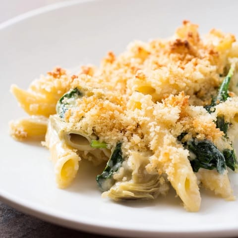 Golden-crusted Artichoke Pasta Bake served bubbling hot from the oven, topped with buttery breadcrumbs and extra Parmesan cheese.