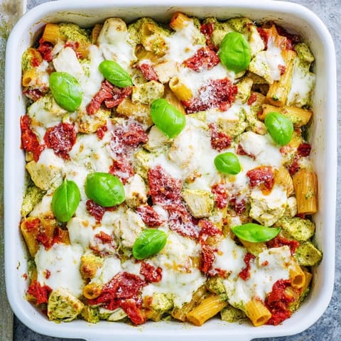 Steaming casserole dish of Pesto Chicken Pasta Bake served with a crisp salad on the side.