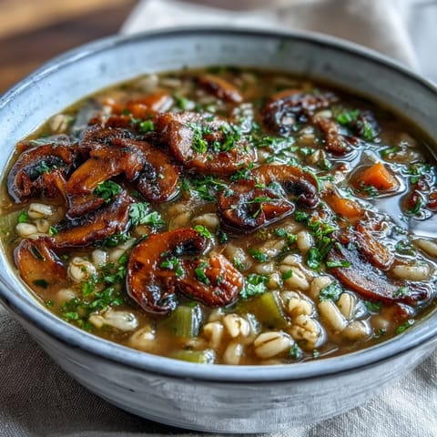 A rustic wooden spoon lifts a serving of hearty Mushroom and Barley Soup, garnished with fresh green parsley and cracked black pepper.