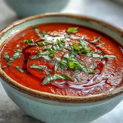 A bowl of creamy tomato and basil soup garnished with fresh basil and a drizzle of olive oil.  