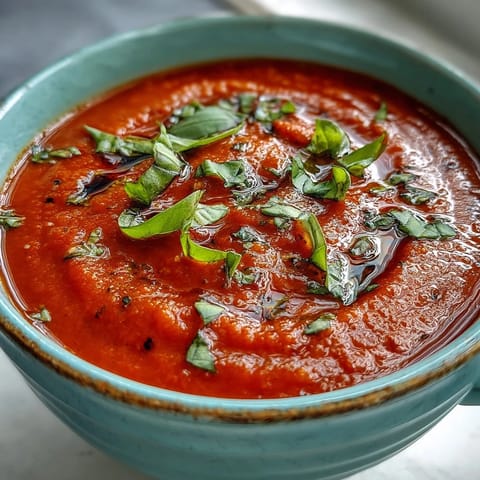 Tomato and basil soup served hot with a crusty bread slice on the side for dipping.  