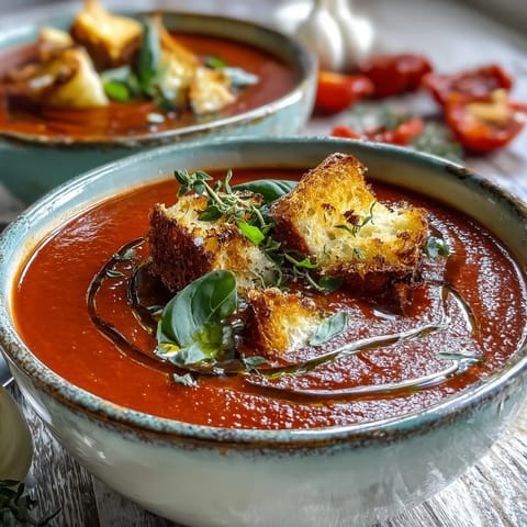 Roasted tomato soup with crispy croutons served warm in a rustic ceramic bowl.