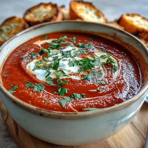 A spoon dips into a bowl of vibrant Roasted Red Pepper Soup, with a slice of crusty bread on the side.
