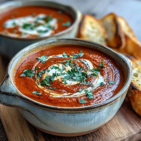 Roasted Red Pepper Soup poured from a pot into a white bowl, garnished with a swirl of crème fraîche and fresh parsley.