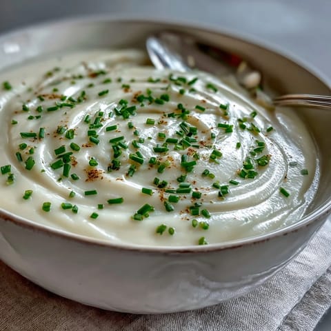 Creamy celery root bisque served warm in a white bowl, garnished with fresh chives and a swirl of cream.
