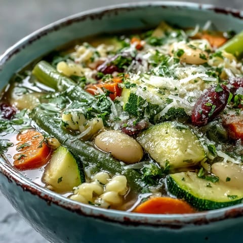 Spoonful of homemade Minestrone Vegetable Soup garnished with parsley and Parmesan, served alongside crusty artisan bread.