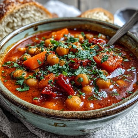Savory Spicy Chickpea Stew simmering in a Dutch oven, filled with tender chickpeas and vegetables.