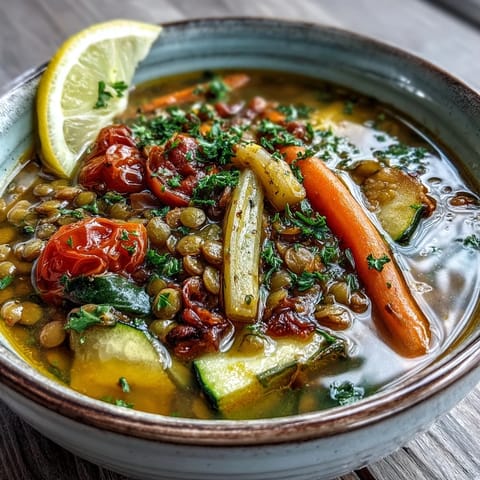 Steaming bowl of homemade Lentil and Vegetable Soup garnished with fresh parsley, served with crusty bread.