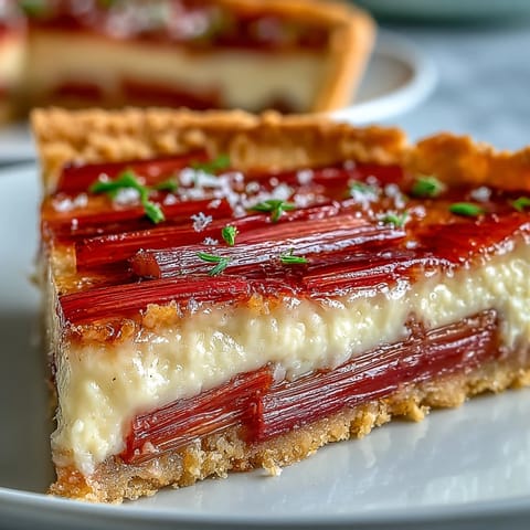 A slice of rhubarb, white chocolate, and elderflower tart reveals a crisp crust and custard.
