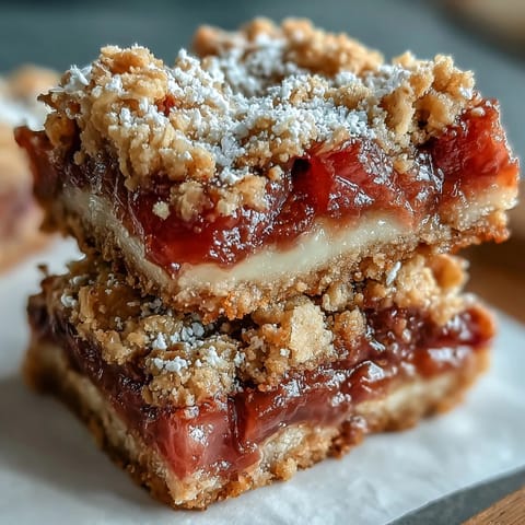 Stack of golden crumble-topped Rhubarb and Custard Crumble Bars, served on a rustic plate for a delicious springtime dessert.