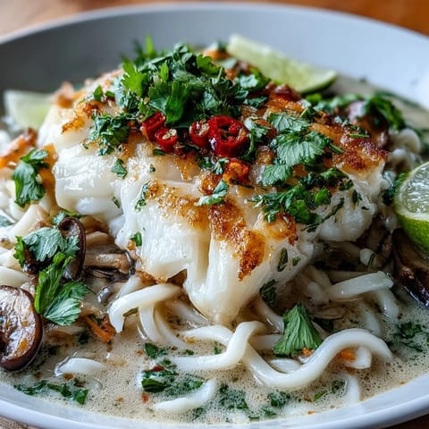 Bright turmeric-hued broth with tender cod, shiitake mushrooms, and udon noodles, finished with fresh cilantro.