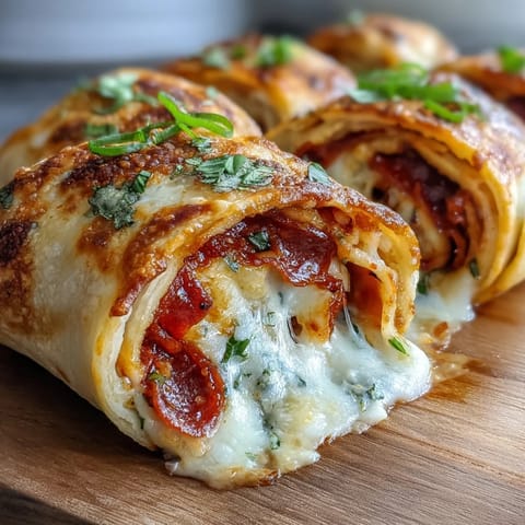 Freshly baked Tortilla Pizza Rolls spiral open on a wooden board, revealing a gooey center and crisp edges for dipping.