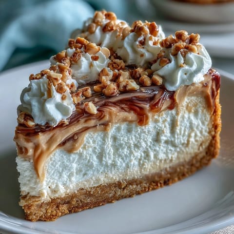 A chilled slice of Nutter Butter Cheesecake is crowned with billowy whipped cream and crunchy chopped peanuts for texture. 