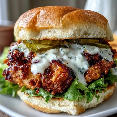 Spicy Chicken Sandwich served with creamy homemade sauce and dill pickles on the side for dipping.
