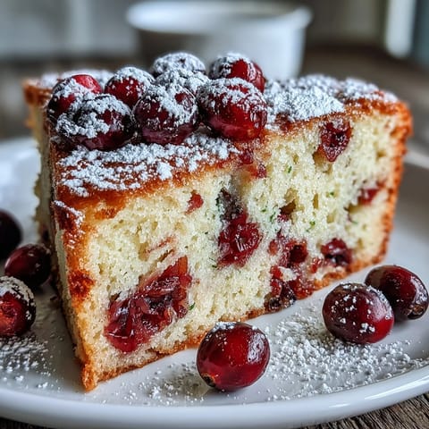 A thick slice of Cranberry Orange Breakfast Cake dusted with powdered sugar, served beside a warm mug of coffee.