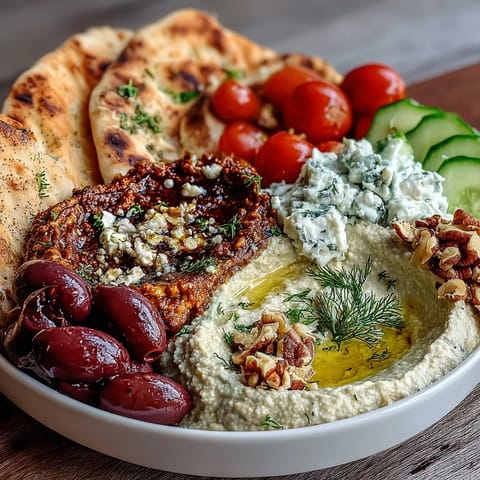 Colorful Mediterranean brunch board with dips and flatbreads is arranged with feta, olives, nuts, and warm pita triangles for sharing.