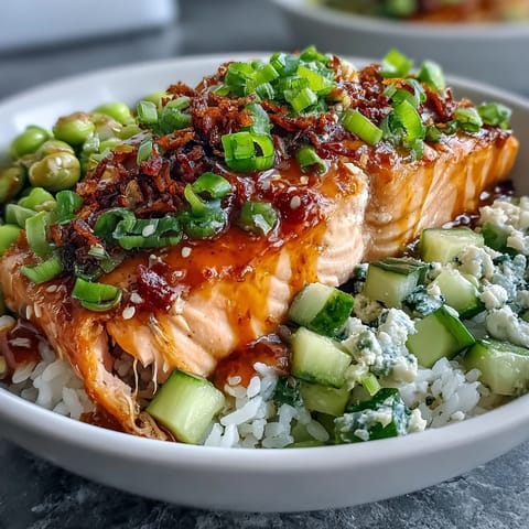Crisp cucumber-edamame salsa with green onions and sesame seeds adds freshness to this Bang Bang Salmon Bowl.