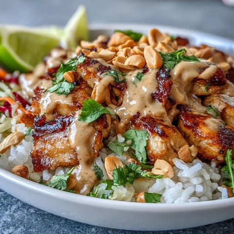 Warm peanut chicken protein bowl with fluffy coconut rice, crunchy red cabbage, and vibrant carrots.