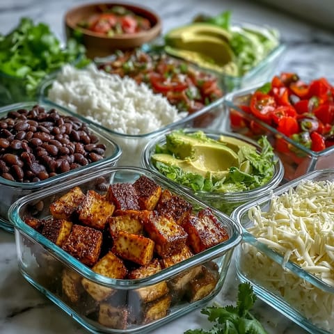 Fluffy rice and hearty black beans in a Meal Prep Burrito Bowl Base with corn, bell peppers, and fresh salsa.