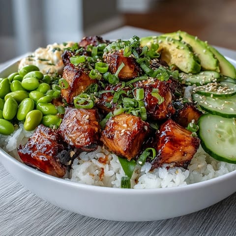 Fresh edamame and creamy avocado add crisp, vibrant color to a Salmon Rice Bowl served over steaming jasmine rice.