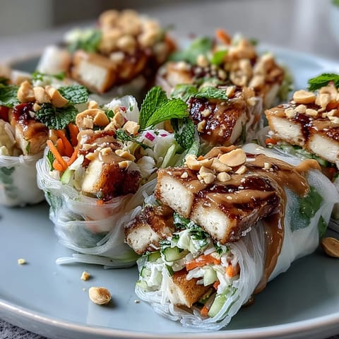 A vibrant Rice Paper Roll Bowl featuring vermicelli noodles, fresh herbs, tofu, and chopped peanuts, perfect for a healthy Vietnamese-inspired lunch.