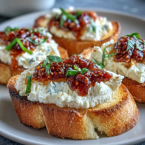 Golden-toasted baguette slices are generously spread with whipped ricotta and finished with spicy hot honey and chili crunch garnish.