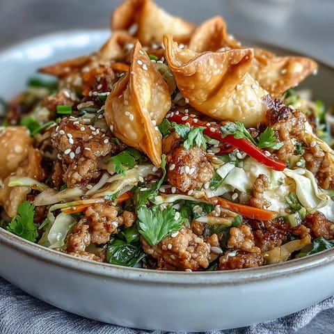 Savory Ranch Turkey & Veggie Egg Roll Bowls topped with crispy wonton strips and sesame seeds.