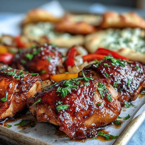 Sheet Pan Honey Garlic Chicken & Naan is roasted with bell peppers and onions, brushed with a sticky glaze, and served on a warm sheet pan.