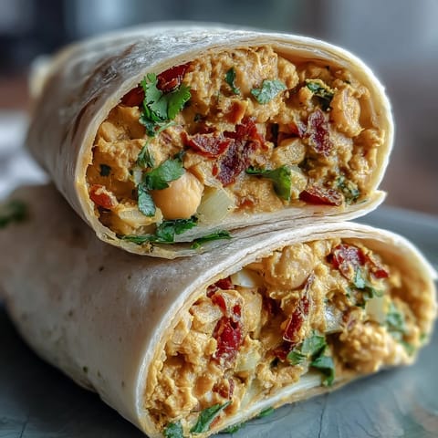 Vegan Coconut Curry Chickpea Salad Wraps with creamy curry-spiced chickpeas, crisp veggies, and fresh herbs in a soft tortilla.