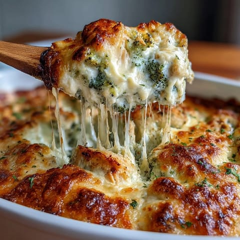 Golden baked Keto Cheesy Broccoli Chicken Bake with bubbly cheese topping and savory garlic-herb seasoning for a keto-friendly dinner.  