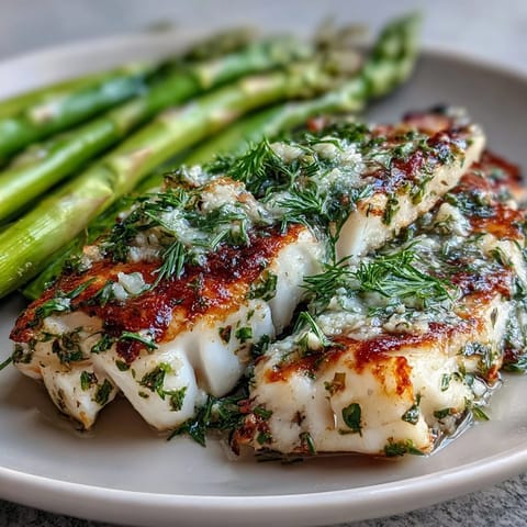 Flaky lemon herb tilapia fillets baked to perfection with fresh parsley and dill, served alongside tender steamed asparagus spears.
