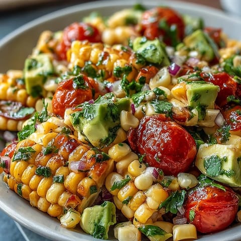 A refreshing bowl of fresh corn, juicy tomatoes, and diced avocado tossed in a zesty lime dressing, perfect for warm days.  