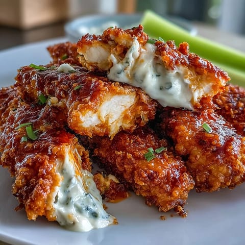 Golden fried chicken tenders tossed in spicy buffalo sauce, paired with crunchy celery and tangy ranch for a low-carb meal.  