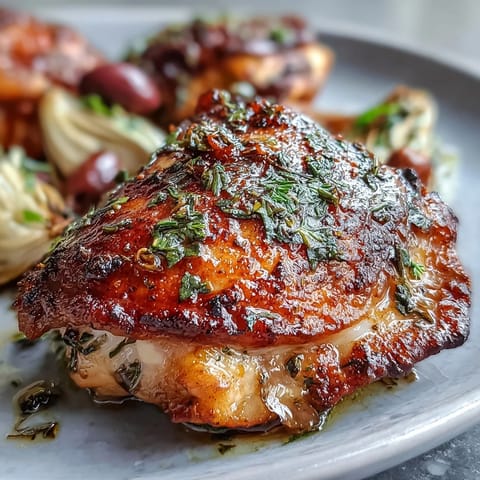 Flavorful one-pan dinner featuring golden chicken, briny Kalamata olives, and tender artichoke hearts in a lemony broth.  