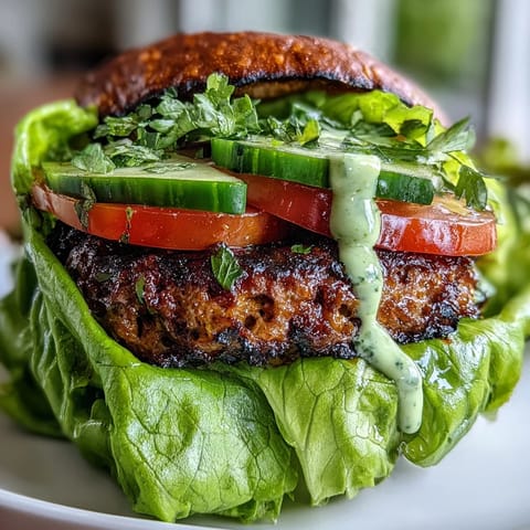 Lightened-up turkey burger lettuce wraps with avocado ranch, served with crisp lettuce and colorful vegetables.  