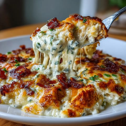 Keto Jalapeño Popper Chicken Casserole with Cauliflower Rice: A cheesy, creamy dish layered with shredded chicken, spicy jalapeños, and crispy bacon, all baked to golden perfection.